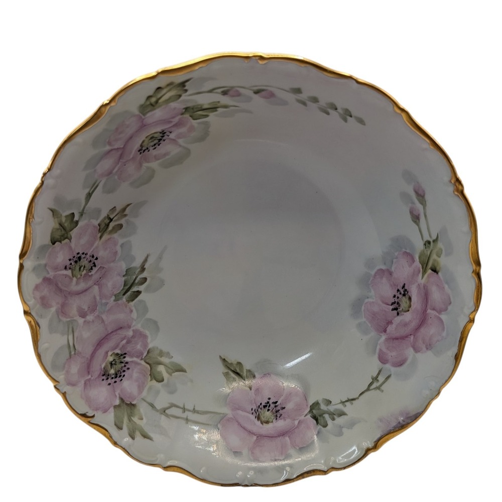 Vintage Seltmann Weiden Serving Bowl‎ Pink Floral Gold Trim Signed By Artist